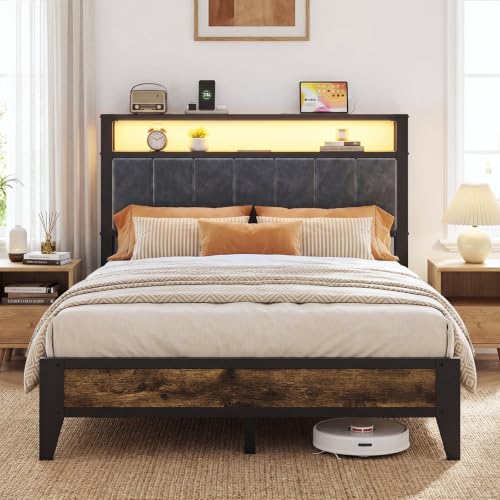 Full Size Bed Frame with Headboard, LED Light & Charging Station, view 2