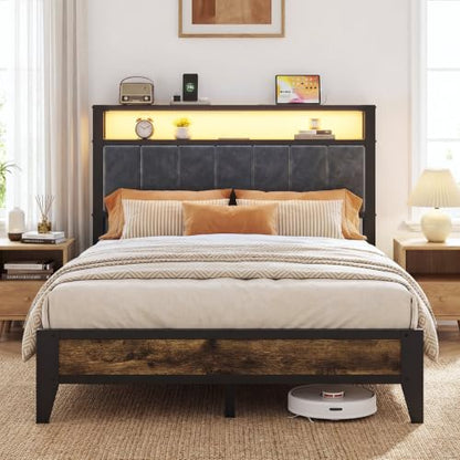 Full Size Bed Frame with Headboard, LED Light & Charging Station, view 2