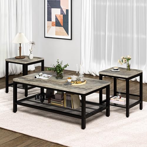 Coffee Table Set of 3, Industrial Coffee Table with 2 Square End Side Tables, Modern Living Room Table Set, with Metal Frame, for Apartment Home Office, Grey