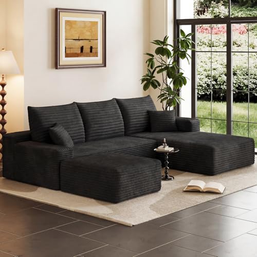 95" Cloud Sectional Couch with Ottoman,Modern U-Shaped Cloud Couch with Deep Seat,Comfy Corduroy 3-Seater Sofa,Memory Foam Sofa for Living Room,No Assembly (Black,Right-Facing Chaise)