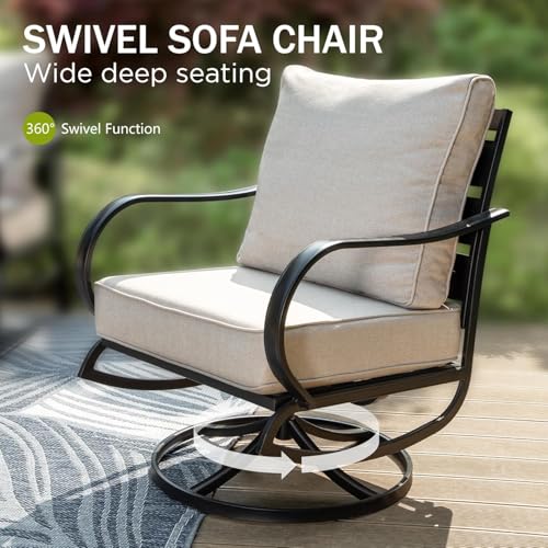 Metal Swivel Patio Chairs Set of 2, High Back Steel Outdoor Chairs with 5.75" Extra Thick Cushion, 2 Piece All Weather Deep Seat Outdoor Front Porch Seating Furniture for Deck Balcony, Beige
