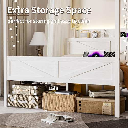 Queen Size Canopy Bed Frame with Barn Door Storage Headboard, Beige, view 7