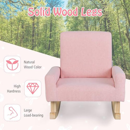 Toddler Rocking Chair, Kids Rocker with Solid Wood Legs & Linen Fabric, Anti-Tipping Design, Toddler Couch for Kids Room, Playroom, Nursery, Bedroom (Pink)