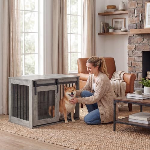 31.5" Dog Crate Furniture with Sliding Barn Door, Wooden Dog Kennel, view 3