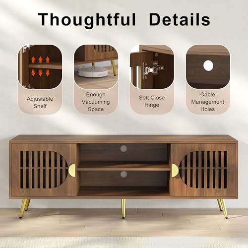 Walnut 55" TV Stand for TVs up to 65 Inch, Mid Century Modern Entertainment Center with Storage Shelves, Media TV Console Table with Storage Cabinet, Wooden Media Furniture for Living Room, Bedroom