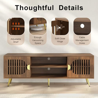 Walnut 55" TV Stand for TVs up to 65 Inch, Mid Century Modern Entertainment Center with Storage Shelves, Media TV Console Table with Storage Cabinet, Wooden Media Furniture for Living Room, Bedroom