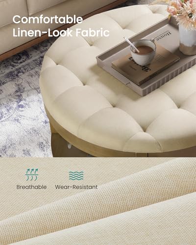 SONGMICS Storage Ottoman with Solid Wood Frame, Round Upholstered Ottoman Coffee Table, Footrest, Tufted Cushion, for Living Room, Easy Assembly, 31.5 x 31.5 x 17.7 Inches, Summer Sand ULSF053LF01