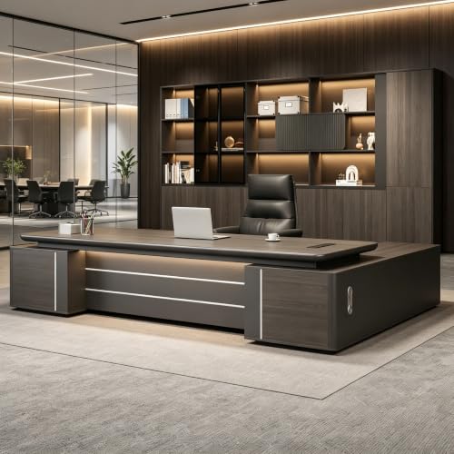 Modern L Shaped Executive Desk with Drawers, Storage & Curved Desktop, view 2