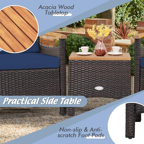 3-Piece Patio Furniture Set, Patiojoy Outdoor Rattan Sofa Set with Coffee Table, Patio Conversation Set with Removable Cushion, Cozy Acacia Wood Armrests for Backyard, Poolside (Navy)