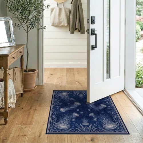 2'x3' Blue Deep Ocean Jellyfish Design Washable Doormat | Mystical Underwater World with Marine Animals Non-Slip, Low Pile for Entryway, Kitchen, Laundry Room