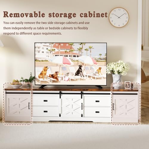 98" Farmhouse TV Stand for 100+ Inch TVs Entertainment Center with Storage Cabinets Large Mid Century Modern Media Console Table TV Cabinet for Living Room,Bedroom,White and Brown