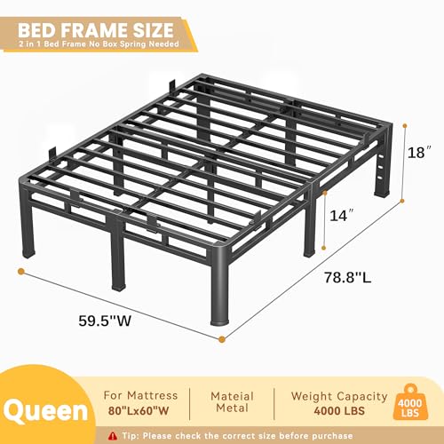 Queen Bed Frame,18 Inch Tall Metal Heavy Duty Double Layer Platform Black, view 3