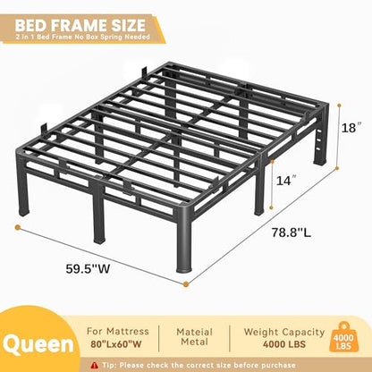 Queen Bed Frame,18 Inch Tall Metal Heavy Duty Double Layer Platform Black, view 3