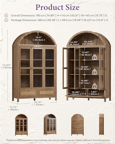 75'' Arched Cabinet Classic Farmhouse Design w/Three Glass Doors, view 3