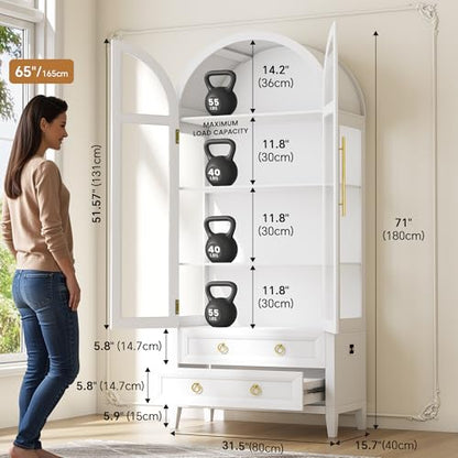 71" Tall Arched Storage Cabinet with Glass Doors and Drawers, Curio Display Cabinet with Adjustable LED Light & Human Sensor, 4-Tier China Cabinet for Living Room(White)