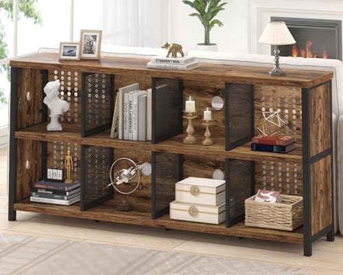Rustic Horizontal Bookshelf, Industrial Bookcase Cube Storage Organizer, Wide Large Metal Wooden Office Cube Shelf, Farmhouse Low Long Book Shelf for Home Bedroom Living Room, Rustic Brown, 63 in