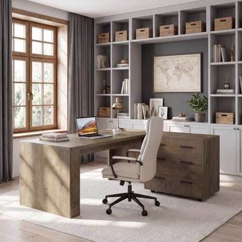 63" L-Shaped Executive Desk with File Cabinet, Brown, view 4