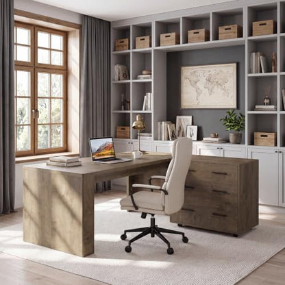 63" L-Shaped Executive Desk with File Cabinet, Brown, view 4