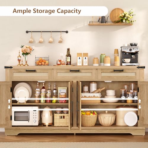 61” Large Buffet Cabinet with Storage, Sideboard Cabinet with 4 Doors and 3 Drawers, Farmhouse Buffet Table, Dining Room Storage Cabinet for Kitchen or Living Room, Natural