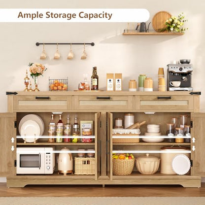 61” Large Buffet Cabinet with Storage, Sideboard Cabinet with 4 Doors and 3 Drawers, Farmhouse Buffet Table, Dining Room Storage Cabinet for Kitchen or Living Room, Natural