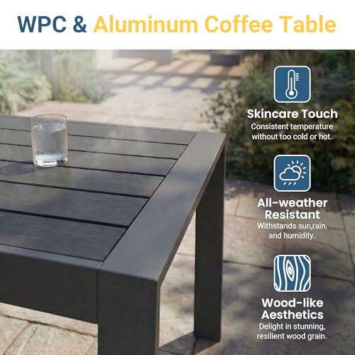 Aluminum Outdoor Patio Furniture Set, Oversized Patio Conversation Sets with Deep Seating and Wide Armrest, Outdoor Sectional Metal Sofa with 5 Inch Cushion and Coffee Table, Dark Grey
