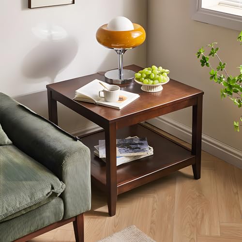 Side Table, Solid Wood Square End Table with Storage Shelf, 2-Tier Coffee Table for Living Room, Rubber Wood Small Sofa Table, Nightstand 23.62 H x 23.62 W x 23.62 D Inches (Walnut)