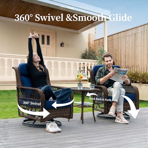 Outdoor Swivel Rocker Chairs 3 Pieces Wicker Swivel Patio Chair with Rattan Side Table, 5" Extra Thick Cushions and 25" Full Support Back, Patio Furniture Set for Outside Porch Deck