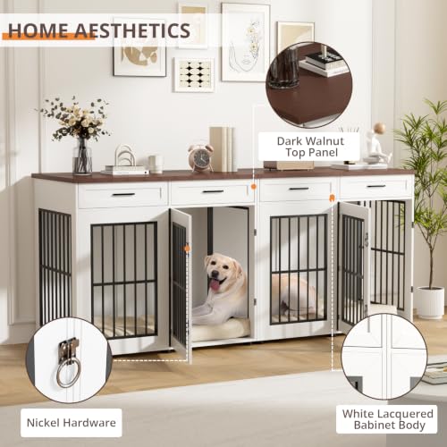 87" Dog Crate Furniture for 2 Dogs, Double Dog Cage Furniture, White, view 6
