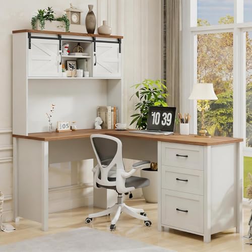 Farmhouse 68" H L-Shaped Desk with Hutch,Unique White, view 2