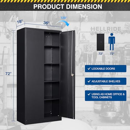 Metal Storage Cabinet-71” Tall Steel File Cabinets with Lockable Doors and Adjustable Shelves-Black Steel Storage Cabinet for Home,Kitchen, School, Office, Garage