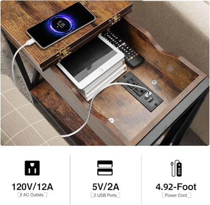 End Tables Living Room Set of 2, Side Table with Charging Station Flip Top, 11"D x 24"W x 23"H, Narrow Side Table with 5.3" Deep Drawer, Couch End Tables Set of 2, Steel X-Frame, Rustic Brown