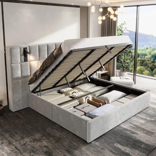 King Bed Frame Velvet Upholstered with Lift-Up Storage, Gray, view 2