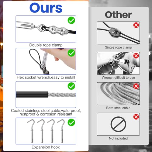 String Light Hanging Kits, 300FT Coated Stainless Steel 304 Wire Rope, Outdoor Light Guide Wire, Globe String Light Suspension Kit Included Turnbuckles, Enough Accessories, Use Manual