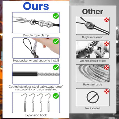 String Light Hanging Kits, 300FT Coated Stainless Steel 304 Wire Rope, Outdoor Light Guide Wire, Globe String Light Suspension Kit Included Turnbuckles, Enough Accessories, Use Manual