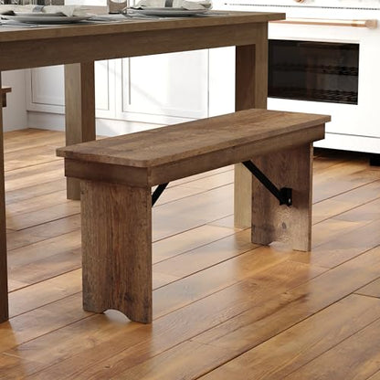 Hercules Series 40" x 12" Commercial Grade Rustic Solid Pine Folding Bench, Antique Farmhouse Dining Bench, Seats up to 2 Adults | Foldable Locking Legs, Farmhouse