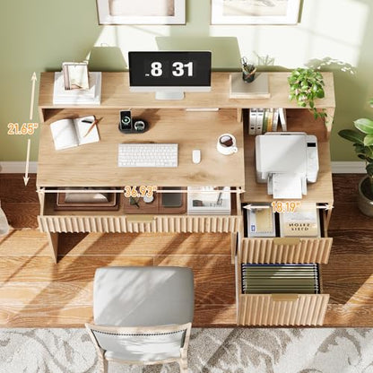 Fluted Computer Desk with Drawers, Home Office Desk with Power Outlets, Printer Stand and Storage Cabinet, Study Writing Desks with Long Monitor Stand, Oak