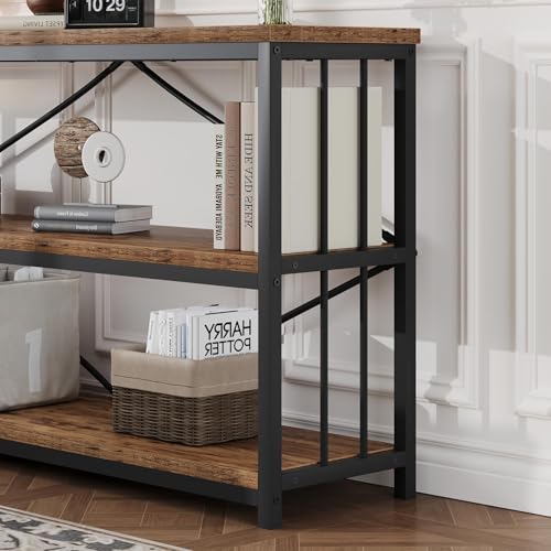 Horizontal Low Bookshelf, Extra Long Industrial Wood 3 Tier Bookcase, Wide Open Metal Large Book Shelf for Bedroom Living Room, Rustic Brown, 70 Inch