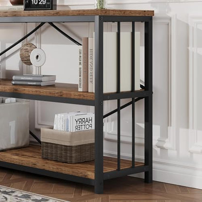 Horizontal Low Bookshelf, Extra Long Industrial Wood 3 Tier Bookcase, Wide Open Metal Large Book Shelf for Bedroom Living Room, Rustic Brown, 70 Inch