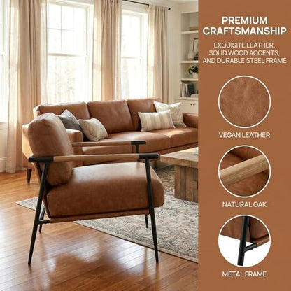 Mid-Century Modern Accent Chair Set of 2 Armchair Brown PU Leather Sofa Lounge Bedroom Chair with Metal Leg for Living Room Reading Office