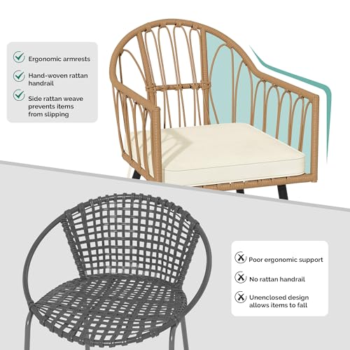 4 Pieces Rattan Wicker Dinning Chairs, Outdoor Indoor Patio Furniture Set with Cushion and Curved Back All Weather Bistro Chair for Garden Backyard Porch Poolside Restaurant (Beige)