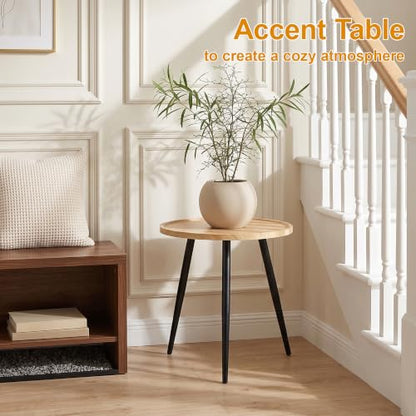 Modern Side Table, Round Small End Table, Exclusively Designed Hand-Crafted Small Nightstand, Solid Wood,Natural top with Black Metal Legsfor Bedrooms, Living Rooms and Home Office
