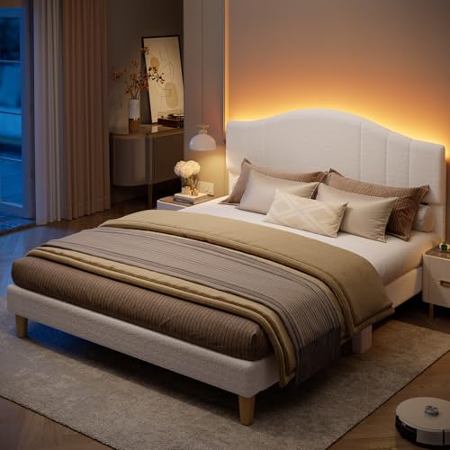 Queen Upholstered Bed Frame, Arc LED Headboard, White Fabric, view 7