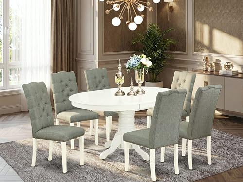 AVEL7-LWH-07 7 Piece Modern Dining Table Set Consist of an Oval Wooden Table with Butterfly Leaf and 6 Gray Linen Fabric Parsons Dining Chairs, 42x60 Inch, Linen White