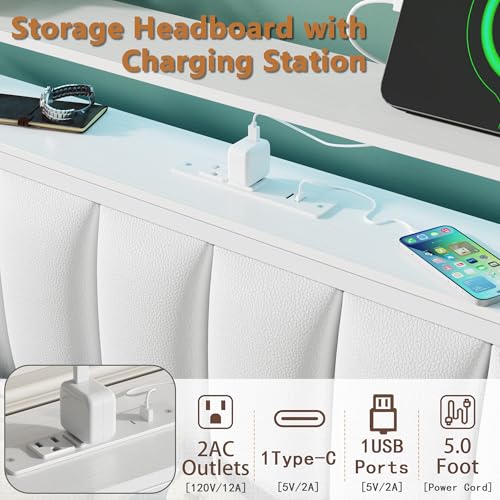 White Full Size Bed Frame with Charging Station & LED Lights, view 5