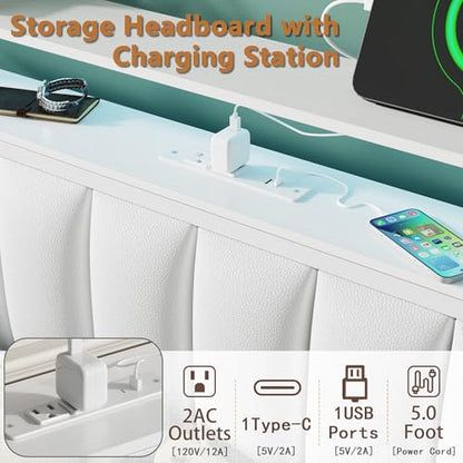White Full Size Bed Frame with Charging Station & LED Lights, view 5