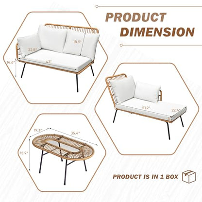 Outdoor Rope Woven Patio Furniture L-Shaped Conversation Sectional Sofa Set Detachable Lounger for Backyard Porch with Thick Cushions & Long Table, White