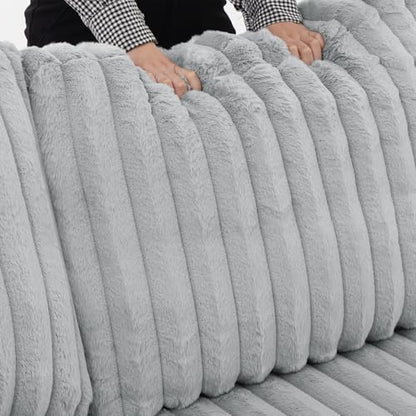 122-Inch Oversized U Shaped Plush Corduroy Fluffy Sectional Sleeper Sofa with Pull Out Bed, Storage Chaise Lounge and USB Charging Port - Gray