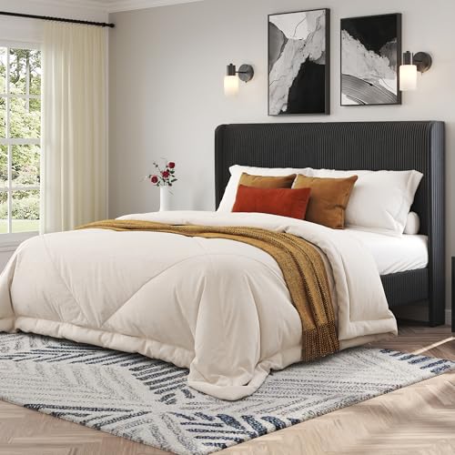 Full Bed Frame, Upholstered Platform Bed with Corduroy Headboard, Black, view 2