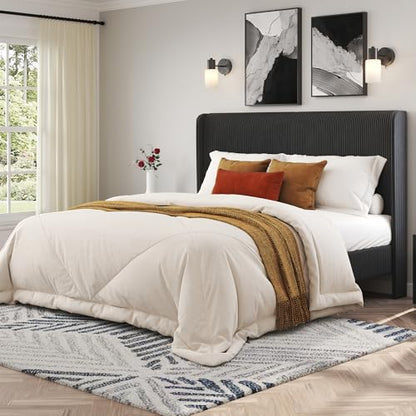 Full Bed Frame, Upholstered Platform Bed with Corduroy Headboard, Black, view 2