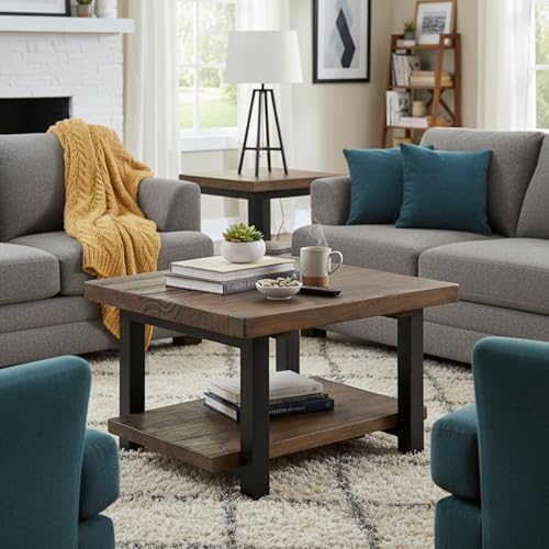Pomona 27-Inch Square Solid Wood Coffee Table with Metal Legs – Modern Farmhouse Rustic Small Space Table by (Rustic Brown)